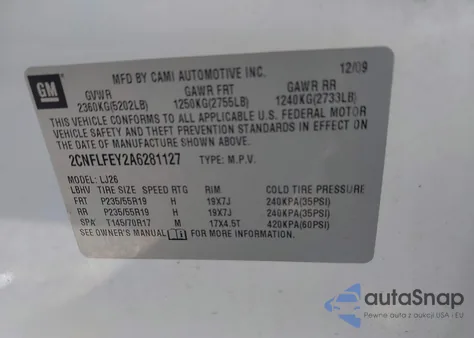 2010 Chevrolet Equinox Ltz z USA, uszkodzony, nr VIN 2CNFLFEY2A6281127